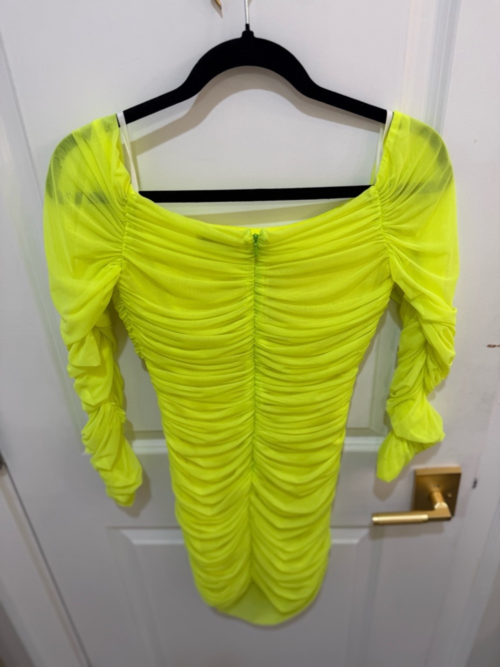 Babaton Neon Yellow Ruched Long-Sleeve Bodycon Dress - Picture 4 of 6